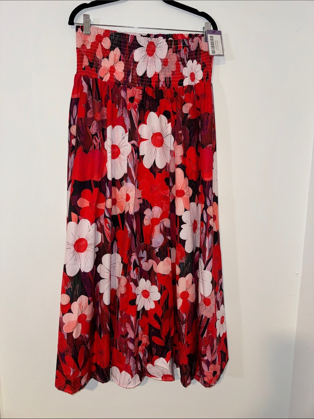 Red Floral Maxi Skirt with Smocked Waist, Size XL